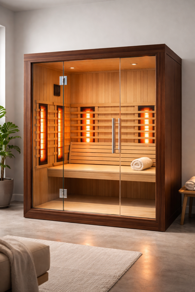 Empty infrared sauna with elements on.