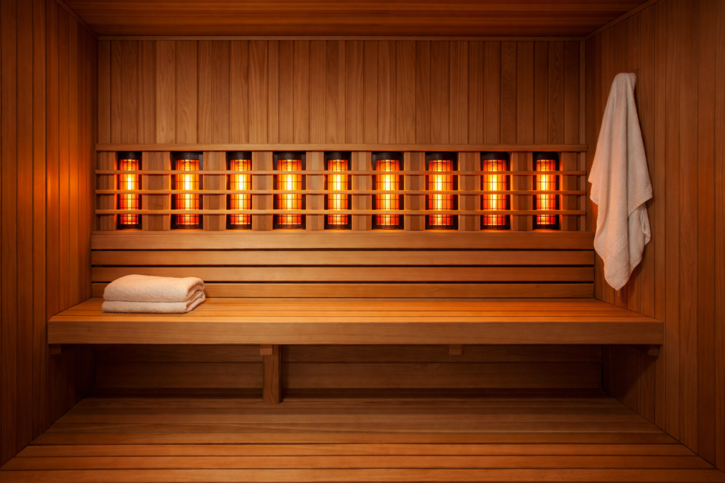 Empty sauna with towel hanging