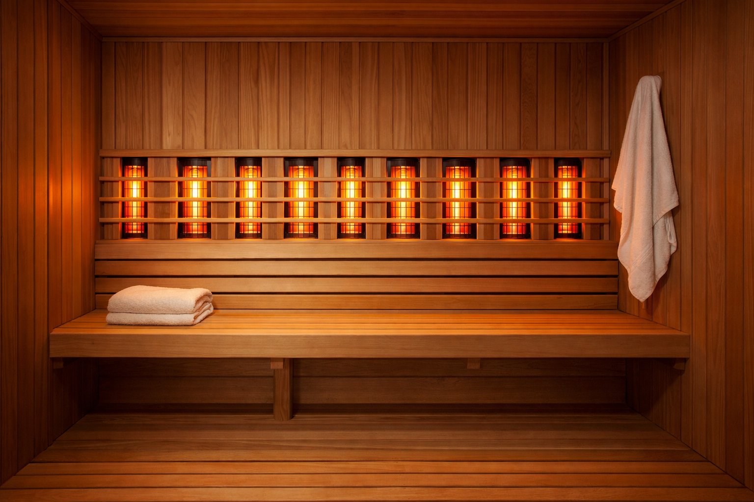 Empty sauna with towel hanging