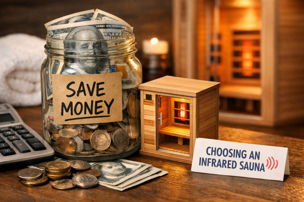 piggy bank full of money next to sauna