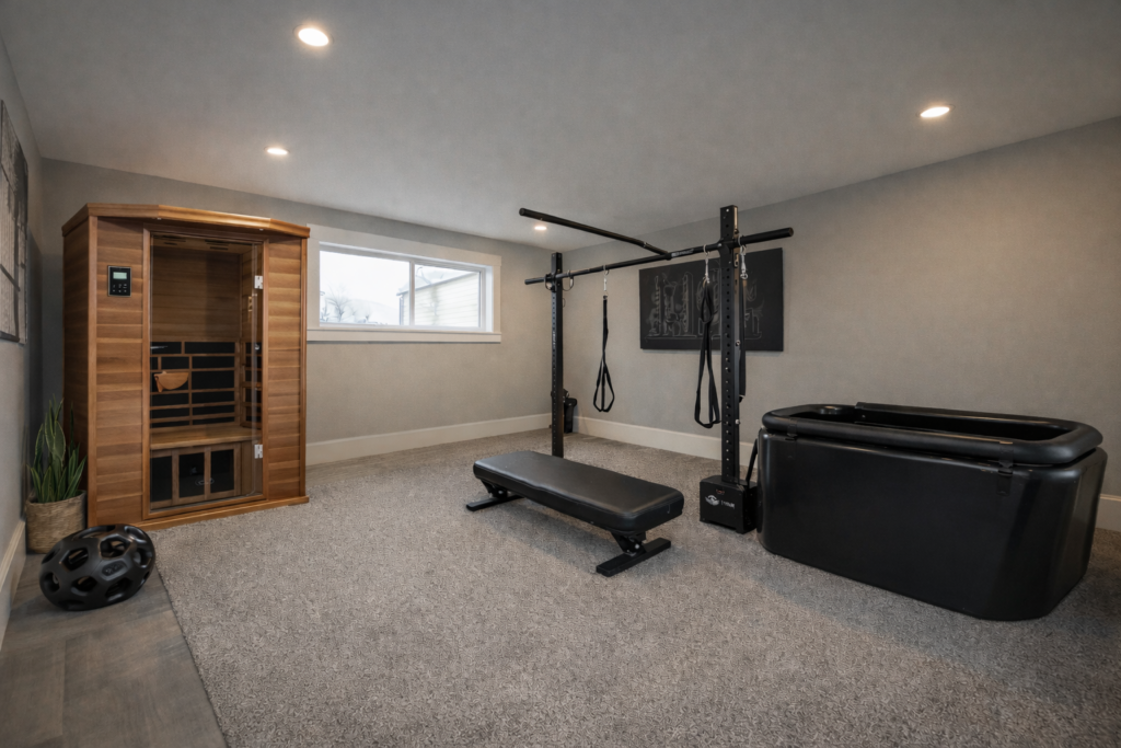Home gym with sauna and cold plunge