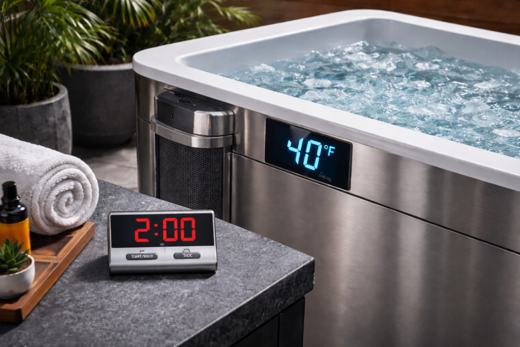 empty cold plunge with temperature showing with a timer