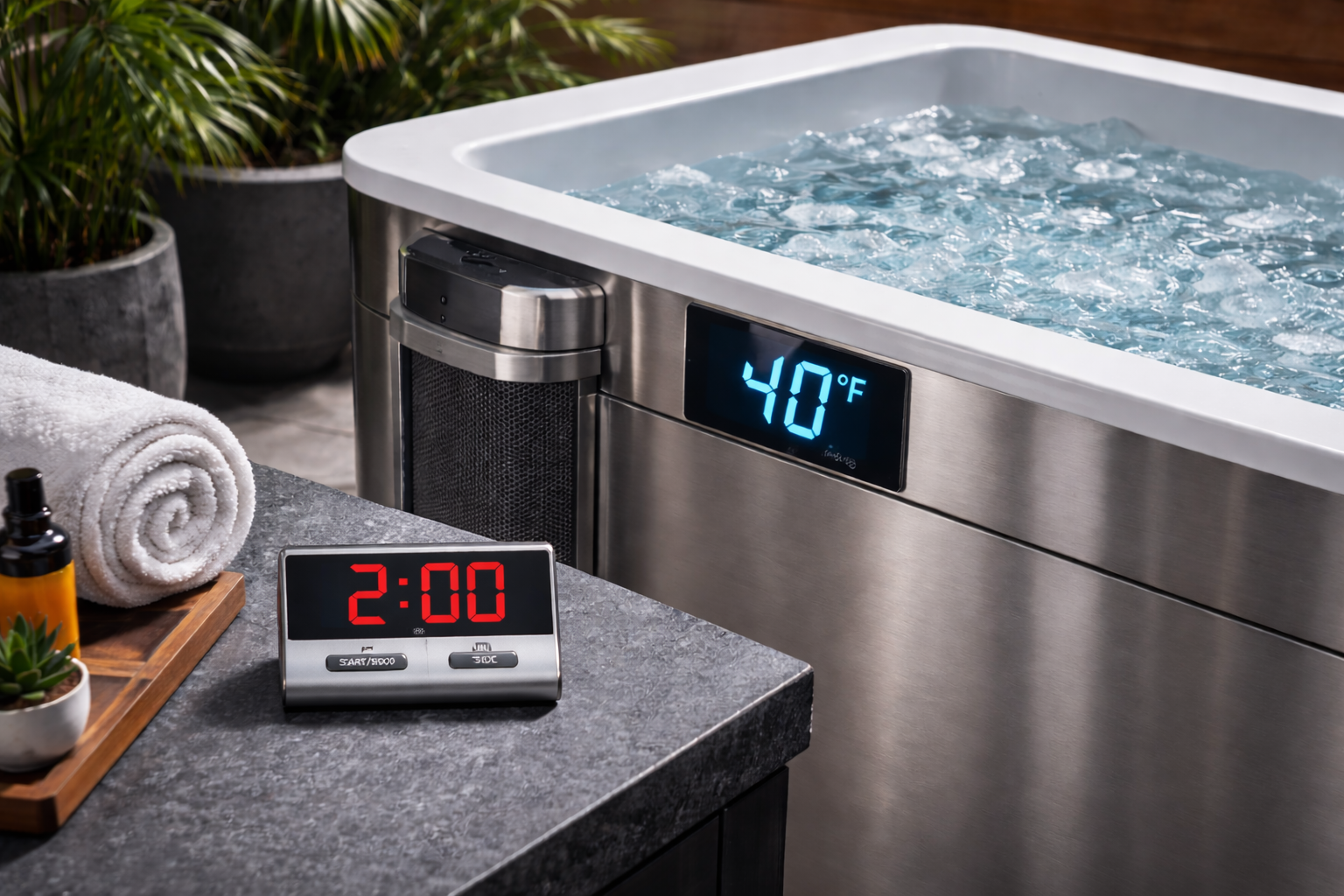 empty cold plunge with temperature showing with a timer